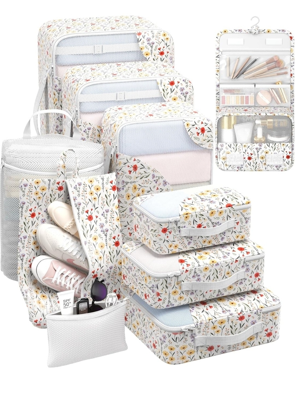Floral Travel Packing Cube Set – White & Multicolor